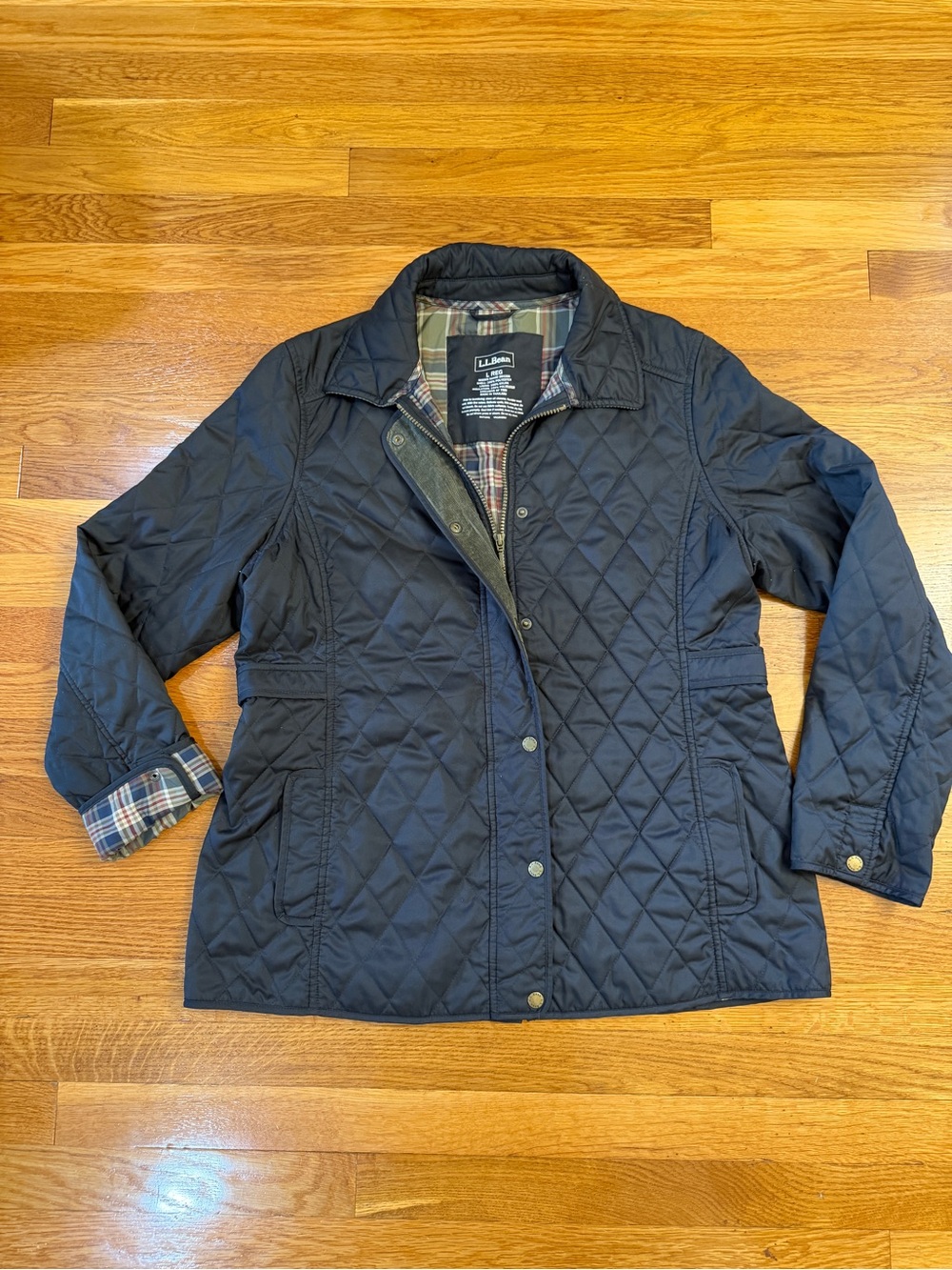 L.L.Bean Quilted Riding Jacket Black Diamond-Quilted Plaid Liner - Size Large